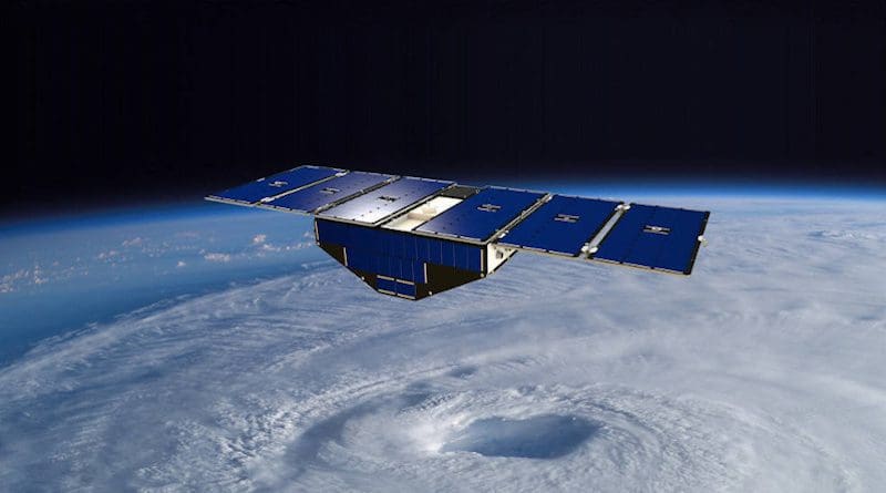 llustration of one of the eight CYGNSS satellites in orbit above a hurricane. Credits: NASA