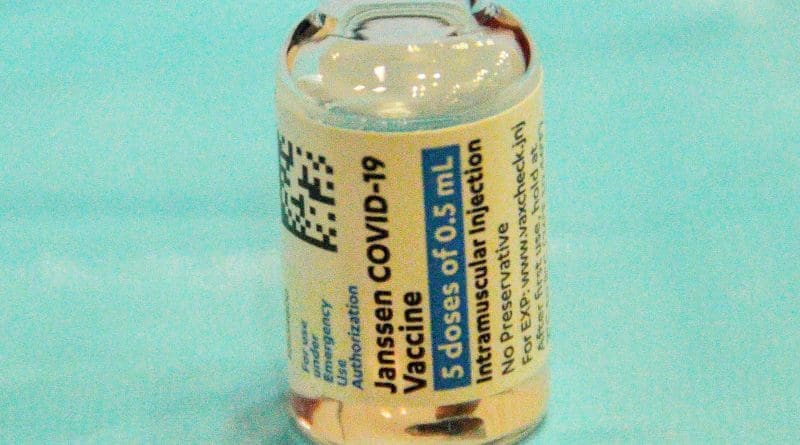 Vial of coronavirus/COVID-19 vaccine by Janssen Pharmaceuticals, a subsidiary of Johnson & Johnson. Photo Credit: New York National Guard, Wikipedia Commons