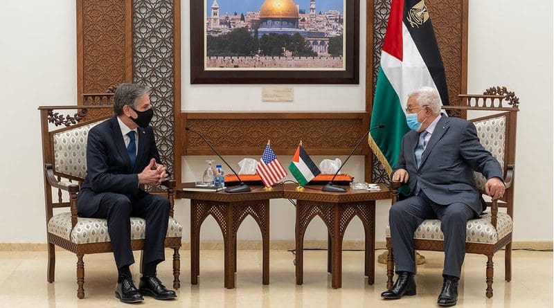 Secretary of State Antony J. Blinken meets with Palestinian Authority President Mahmoud Abbas and Palestinian Authority Prime Minister Mohammad Shtayyeh, in Ramallah, the West Bank, on May 25, 2021. [State Department photo by Ron Przysucha/ Public Domain]