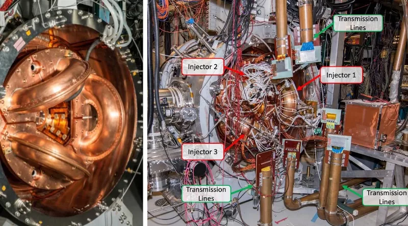 Two photos of the team's prototype reactor, showing the three injectors with (right) and without (left) the electrical circuits (labeled in green on the right) used to form magnetized plasmas in each injector. The GPU precisely controls each of these circuits, allowing the researchers to fine-tune plasma formation in each injector. The individual plasmas then combine and naturally organize into a doughnut-shaped object, similar to a smoke ring. CREDIT: University of Washington