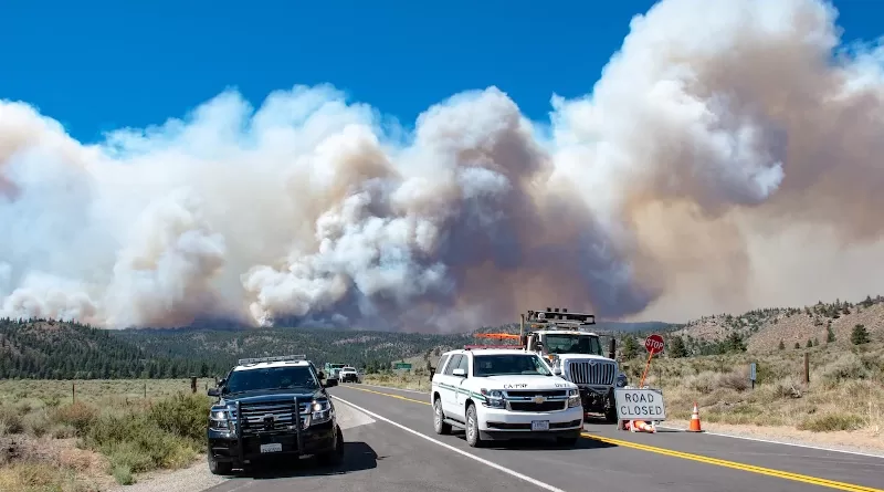 California Highway Patrolman and CalTrans employees provide road closure and safe entry and access for the firefighters and other resources in the area of the Beckwourth Complex Fire near Frenchman Lake in northern California, July 8, 2021. Photo Credit: DoD
