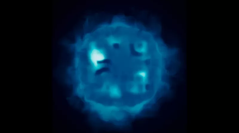 False colour image of one of the supernova simulations showing hot and cold patches of gas (white/green) in the bubble and the filamentary structure of cosmic rays (blue) around the shell of the supernova remnant. Credit: F. Rodríguez Montero.