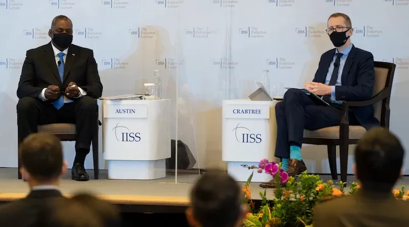 Secretary of Defense Lloyd J. Austin III speaks with a moderator after giving remarks on "The Imperative of Partnership" at the 40th International Institute for Strategic Studies (IISS) Fullerton Lecture in Singapore, July 27, 2021. Photo Credit: Chad J. McNeeley, DOD