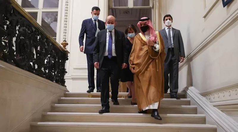 Saudi Arabia’s Foreign Minister Prince Faisal bin Farhan meets his French counterpart Jean-Yves Le Drian in Paris. (Twitter/@KSAMOFA
