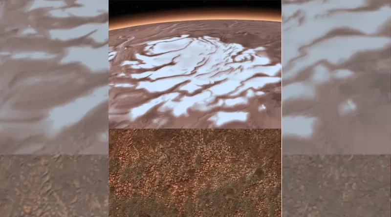 Mars South Polar Layered Deposits on top of Martian Smectites: The multi-kilometer thick south polar ice cap has a base that is composed, at least partially, of a common type of clays. These clays are found over nearly half of the planet's surface and now at the edges of the ice cap. Radar measurements of the clays from a lab led by Smith show that they can explain the bright reflections observed by MARSIS, a simpler explanation than bodies of liquid water CREDIT: ESA/DRL/FU Berlin (top), NASA (bottom).