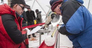Yao Tandong, left, and Lonnie Thompson, right, process an ice core drilled from the Guliya Ice Cap in the Tibetan Plateau in 2015. The ice held viruses nearly 15,000 years old, a new study has found. CREDIT Image courtesy Lonnie Thompson, The Ohio State University