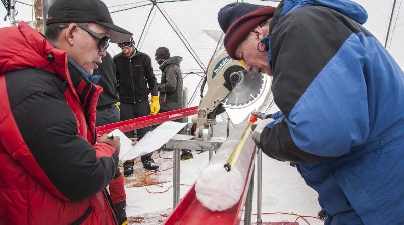 Yao Tandong, left, and Lonnie Thompson, right, process an ice core drilled from the Guliya Ice Cap in the Tibetan Plateau in 2015. The ice held viruses nearly 15,000 years old, a new study has found. CREDIT Image courtesy Lonnie Thompson, The Ohio State University