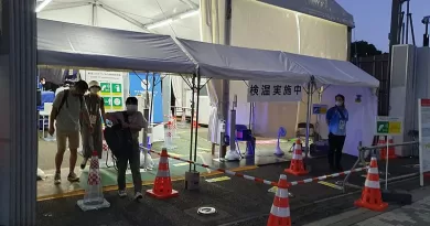 Temperature check and COVID-19 countermeasures at the Japan Olympics tennis venue. Photo Credit: Syced, Wikipedia Commons