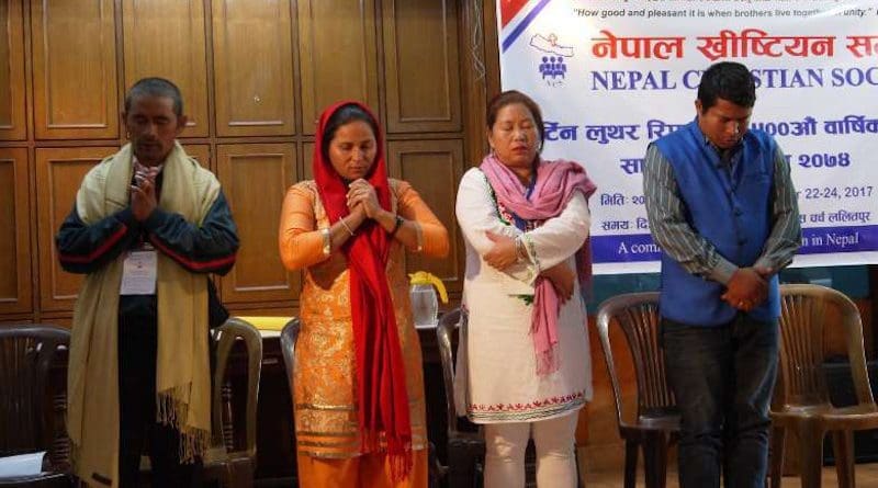 Nepali Christians pray during a program organized by Nepal Christian Society. Churches in Nepal are struggling due to the deaths of some 130 pastors and a financial crisis from the Covid-19 pandemic. (Photo: Nepal Christian Society)