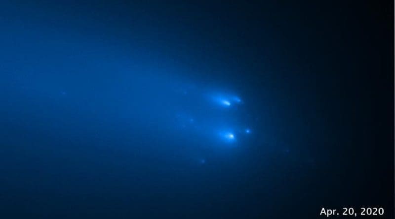 Hubble Space Telescope image of comet C/2019 Y4 (ATLAS), taken on April 20 2020, providing the sharpest view to date of the breakup of the solid nucleus of the comet. Hubble's eagle-eye view identifies as many as 30 separate fragments, and distinguishes pieces that are roughly the size of a house. Before the breakup, the entire nucleus of the comet may have been the length of one or two football fields. The comet was approximately 91 million miles (146 million kilometres) from Earth when the image was taken. CREDIT NASA / ESA / STScI / D. Jewitt (UCLA)