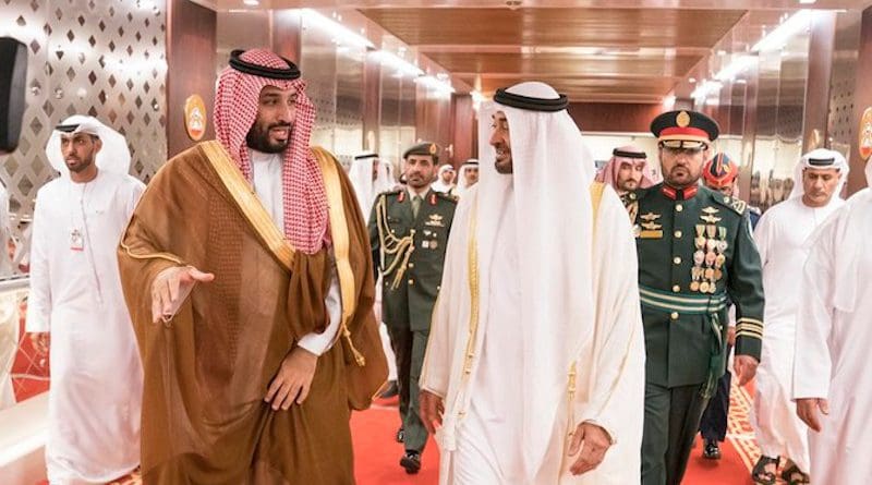 Crown Prince Mohammed bin Salman meets Abu Dhabi Crown Prince Mohammed bin Zayed on his arrival in the UAE. (Saudi foreign ministry)