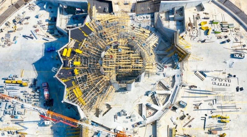 The eight pillars of the Shrine of ‘Abdu’l-Bahá are now complete, and scaffolding is being set up in the space between the pillars and the completed folding walls for work on the trellis that will span the central plaza. Photo Credit: BWNS