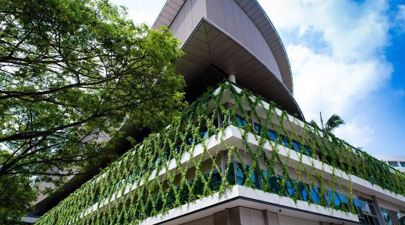 Vertical greenery 'planted' on the exterior of the NTU learning hub, The Arc, a six-storey building with smart classrooms. CREDIT NTU Singapore