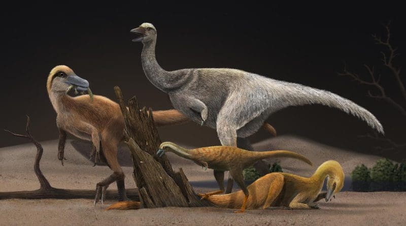 Artistic reconstruction of four representative alvarezsauroids, Haplocheirus sollers (left), Patagonykus puertai (upper middle), Linhenykus monodactylus (lower middle) and Bannykus wulatensis (lower right), illustrating the body size and dieting change in alvarezsauroid dinosaurs CREDIT Zhixin Han/ https://www.artstation.com/xinyanjun