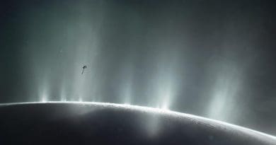 This artist's impression depicts NASA's Cassini spacecraft flying through a plume of presumed water erupting from the surface of Saturn's moon Enceladus. CREDIT NASA