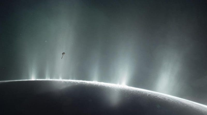 This artist's impression depicts NASA's Cassini spacecraft flying through a plume of presumed water erupting from the surface of Saturn's moon Enceladus. CREDIT NASA