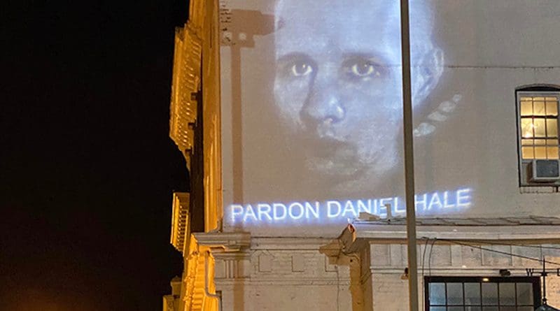 Detail of an image of Daniel Hale projected on a D.C. building on June 26, 2021. Photo credit: Nick Mottern