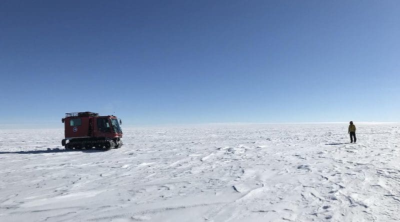 NASA researchers on the surface of the Antarctic Ice Sheet as part of the 88-South Traverse in 2019. The 470-mile expedition in one of the most barren landscapes on Earth provides the best means of assessment of the accuracy of data collected from space by the Ice Cloud and land Elevation Satellite-2 (ICESat-2). CREDIT Credit: NASA's Goddard Space Flight Center/Dr. Kelly Brunt