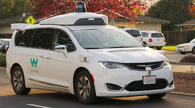 Waymo Chrysler Pacifica Hybrid undergoing testing in the San Francisco Bay Area. Photo Credit: Dllu, Wikipedia Commons