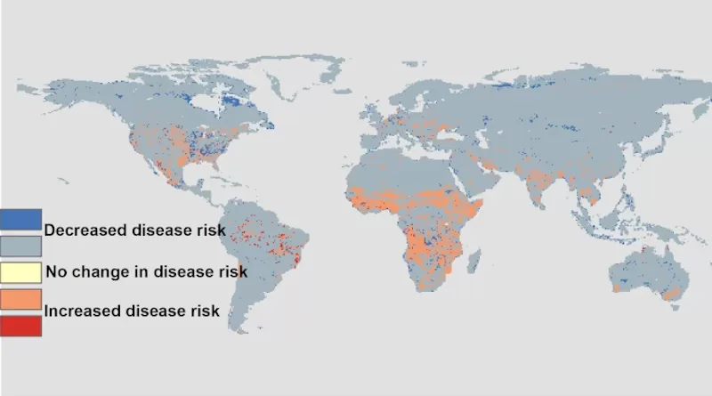 Predicted change in disease risk from 2015 to 2035 under a pessimistic global change scenario, i.e., one with high population growth, reactive environmental protection, and vulnerabilities to climate change that vary regionally.