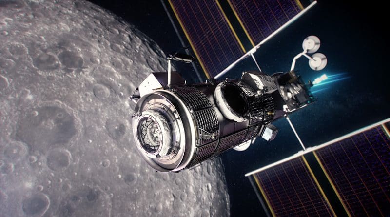 Illustration showing a close-up of the Habitation and Logistics Outpost (HALO), one of the elements of Gateway. Credits: NASA