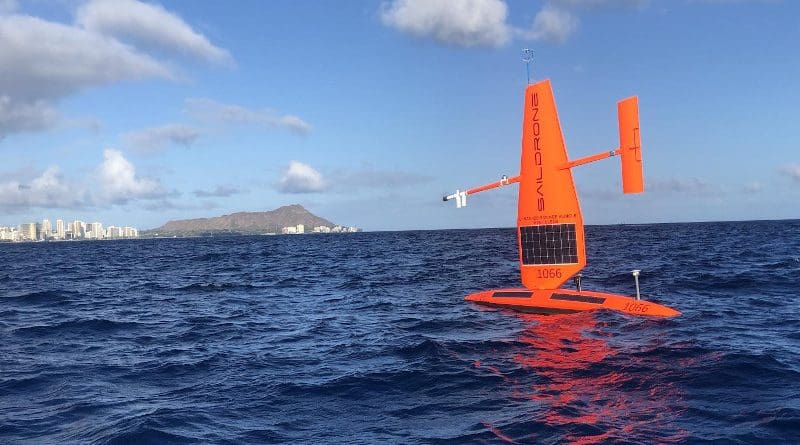 Saildrone uncrewed surface vehicles (USVs), like the one pictured here, made measurements of atmospheric cold pools in remote regions of the tropical Pacific. CREDIT Saildrone, Inc.