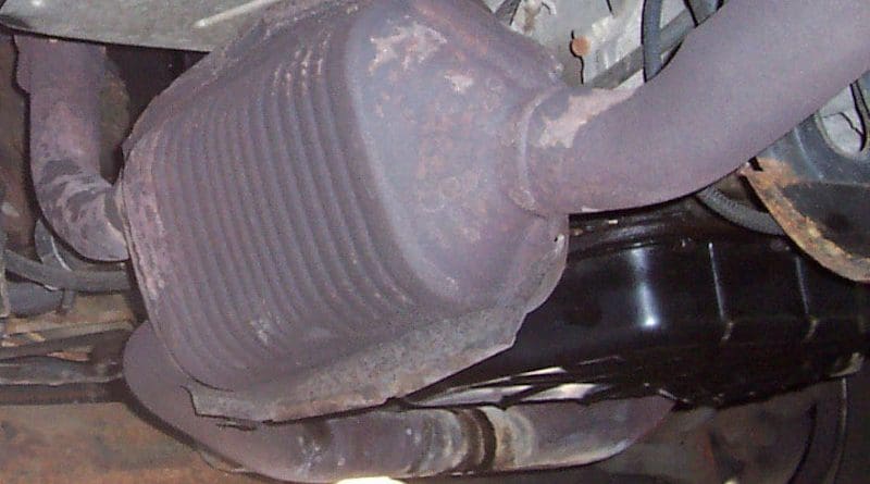 A three-way catalytic converter on a gasoline-powered 1996 Dodge Ram. Photo Credit: Ahanix1989, Wikipedia Commons