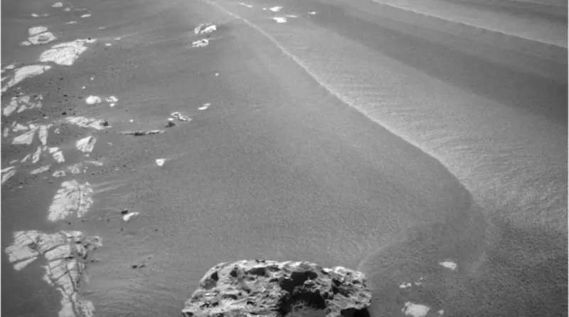 Image of "Block Island", an odd-shaped, dark rock on the surface of Mars, which is thought to be a meteorite. This object was imaged with the navigation camera on NASA's Mars Exploration Rover Opportunity on sol 1959 (July 28, 2009).