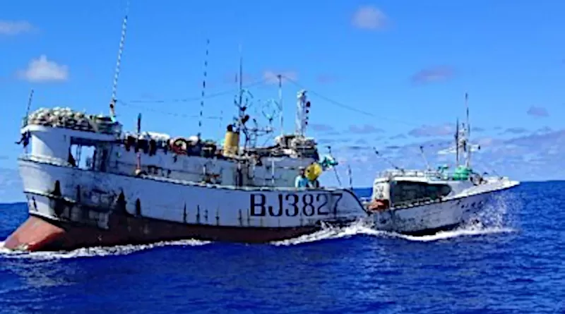 The U.S. Coast Guard Cutter Stratton conducts a fisheries law enforcement boarding on a Chinese Taipei-flagged fishing vessel on the high seas of the Western Pacific in late October 2019. Photo Credit: U.S. Coast Guard