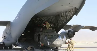 Aerial porters load a UH-60L Black Hawk helicopter unto a C-17 Globemaster III for departure from Bagram Airfield, 16 June 2021. Photo Credit: Sgt. 1st Class Corey Vandiver