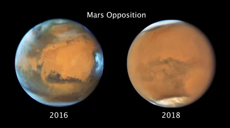 Images of Mars under clear conditions (left) and during the 2018 Global Dust Storm (right). CREDIT: NASA, ESA, STScl.