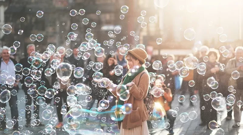 People Crowd Girl Men Water Bubbles Street