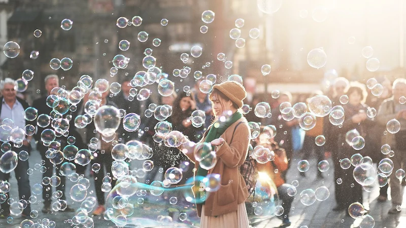 People Crowd Girl Men Water Bubbles Street