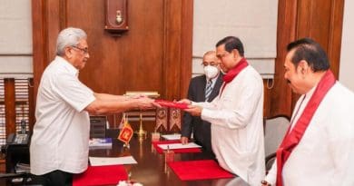 Basil Rajapaksa being sworn in as Sri Lanka's Minister of Finance by President Gotabaya Rajapaksa and in the presence of Prime Minister Mahinda Rajapaksa. Photo Credit: Office of Sri Lanka President