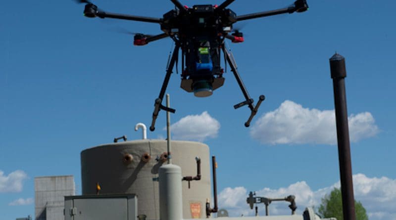A drone sniffs for methane leaks in Colorado. CREDIT: Sean Boggs/Environmental Defense Fund