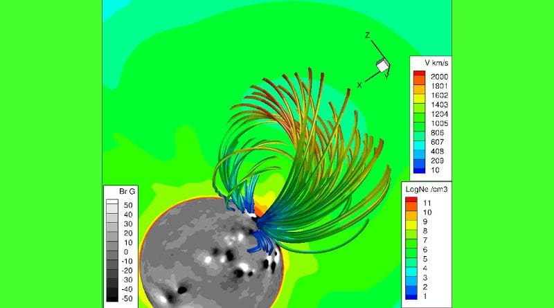 The radial magnetic field is shown on the surface of the Sun in gray scale. The magnetic field lines on the flux rope are colored with the velocity. The background is colored with the electron number density. CREDIT: Gabor Toth, University of Michigan