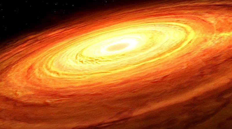 An artist’s impression of an accretion disk rotating around an unseen supermassive black hole. The accretion process produces random fluctuations in luminosity from the disk over time, a pattern found to be related to the mass of the black hole in a new study led by University of Illinois Urbana-Champaign researchers. CREDIT: Graphic courtesy Mark A. Garlick/Simons Foundation