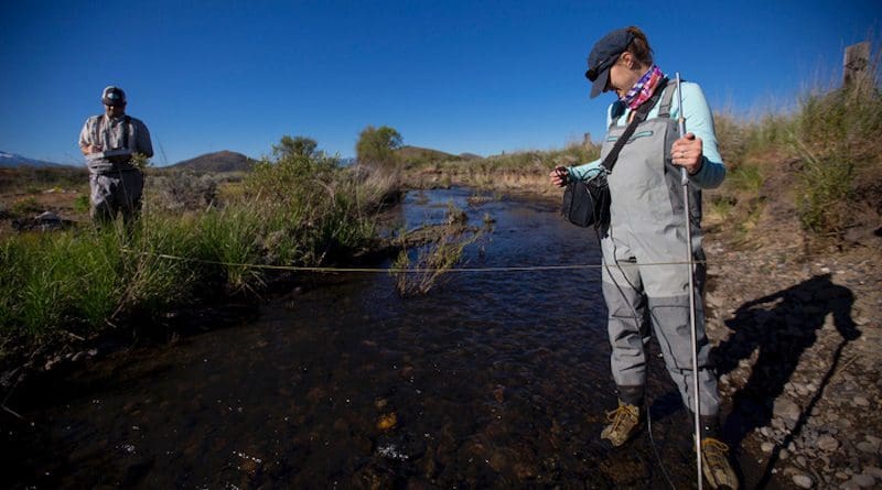 Ann Willis, a researcher with the UC Davis Center for Watershed Sciences, takes measurements on the Little Shasta River with colleague Rob Lusardi in 2017. CREDIT: Joe Proudman/UC Davis