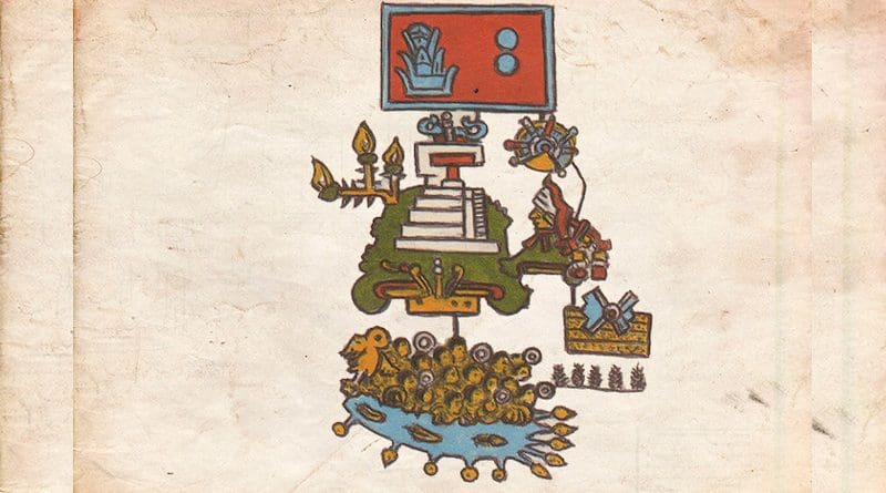 Pictogram representing an earthquake that took place on the year 2 Reeds or 1507. The gloss describes that the pictogram recounts the drowning of 1,800 warriors in an unidentified river, presumably in southern Mexico, the termination of the temple of the New Fire, where the ceremony of the new cycle of life was celebrated, and a solar eclipse as a circle with rays emanating from it in the upper right-hand side, below the date sign. CREDIT: Courtesy of Gerardo Suarez and Virginia Garcia-Acosta