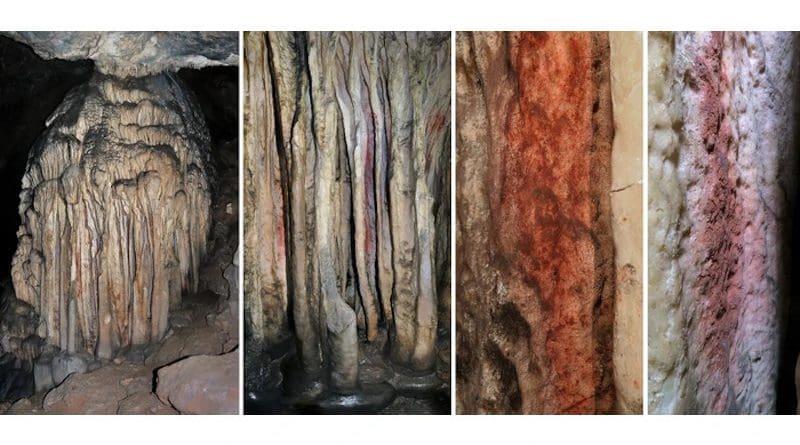 Flowstone formation in the Sala de las Estrellas at Cueva de Ardales (Malaga, Andalusia), with the traces of red pigment analysed and discussed in the article. © João Zilhão, ICREA CREDIT: © João Zilhão, ICREA