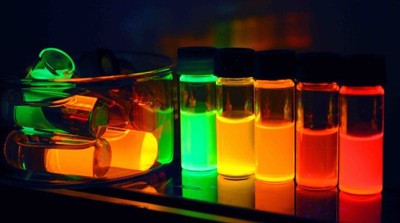The tiny specs of matter called quantum dots can be tuned to emit light in specific wavelengths. That’s just one quality that makes them valuable in a range of technology applications CREDIT: Los Alamos National Laboratory
