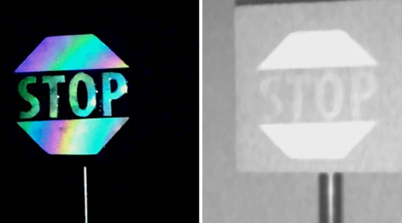 Visible (left) and infrared (right) images of a sign created using microscale concave interfaces to form the word STOP and other elements. The infrared image was taken using a LIDAR (laser imaging, detection and ranging) camera. CREDIT: Jacob Rada