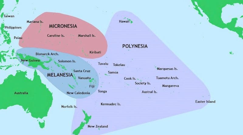 Three of the major groups of islands in the Pacific Ocean: Micronesia, Melanesia, and Polynesia. Source: Wikimedia Commons.