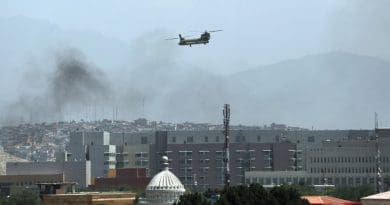 US military helicopter transports embassy personnel to Kabul, Afghanistan airport. Photo Credit: Arab News