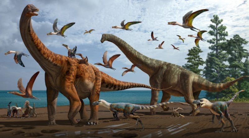 Artistic rendering of the palaeoecology of the Hami Pterosaur Fauna, with Silutitan sinensis on the left and Hamititan xinjiangensis on the right CREDIT: ZHAO Chuang and WANG Xiaolin