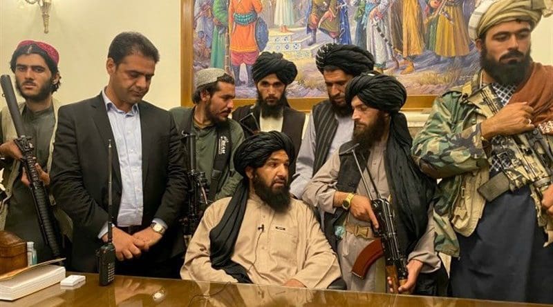 Taliban fighters in the Afghanistan Presidential Palace in Kabul on August 15, 2021. Photo Credit: Tasnim News Agency