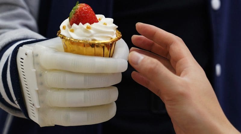 An MIT-developed inflatable robotic hand gives amputees real-time tactile control. The smart hand is soft and elastic, weighs about half a pound, and costs a fraction of comparable prosthetics. CREDIT: Courtesy of Xuanhe Zhao, Shaoting Lin, et al