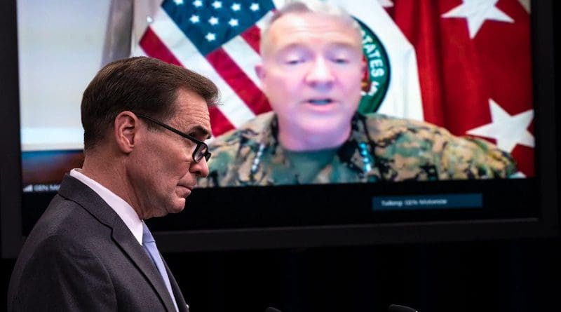 Pentagon Press Secretary John F. Kirby and Marine Corps Gen. Kenneth F. McKenzie Jr., commander of U.S. Central Command, brief the media at the Pentagon, Aug. 26, 2021. Photo Credit: Lisa Ferdinando, DOD