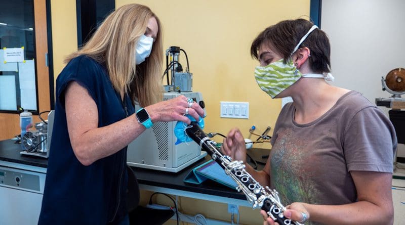 Shelly Miller, left and Tehya Stockman, right, make a bell cover for a clarinet using medical mask material. CREDIT: Glenn Asakawa/CU Boulder