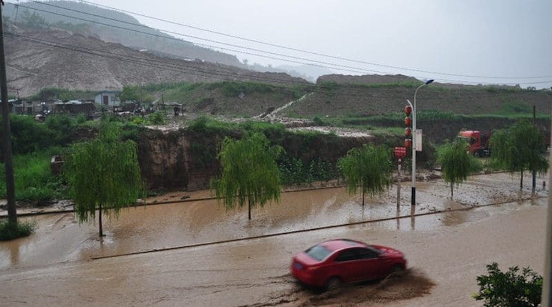 A historic rainstorm caused severe flooding on streets in Yulin, Shaanxi province on 25 July, 2013. CREDIT: Xuejiao Gao from Yulin Meteorological Bureau.
